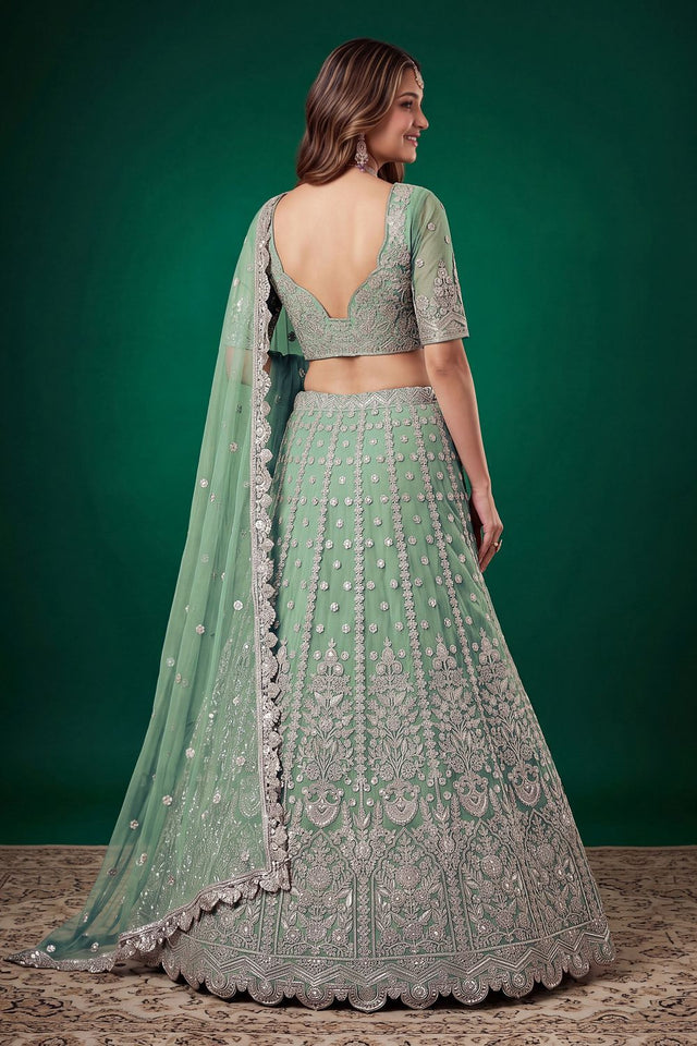 Green Floral Embroidered Net Lehenga (ACB1300)