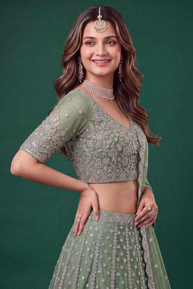 Green Floral Embroidered Net Lehenga (ACB1300)