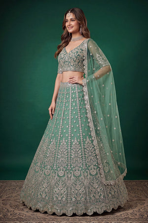 Green Floral Embroidered Net Lehenga (ACB1300)