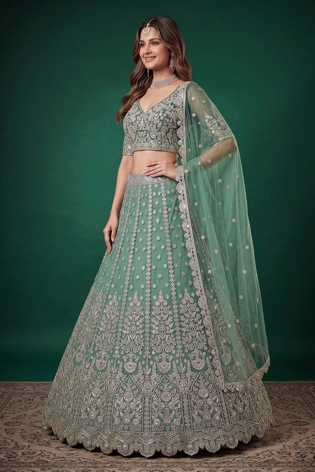 Green Floral Embroidered Net Lehenga (ACB1300)