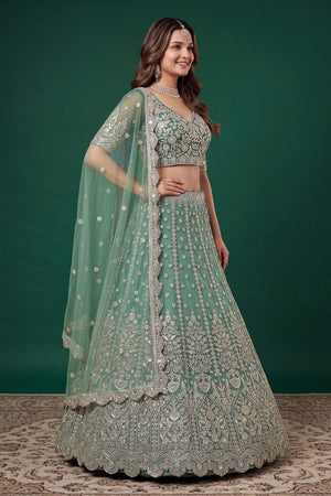 Green Floral Embroidered Net Lehenga (ACB1300)