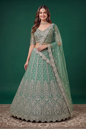 Green Floral Embroidered Net Lehenga (ACB1300)