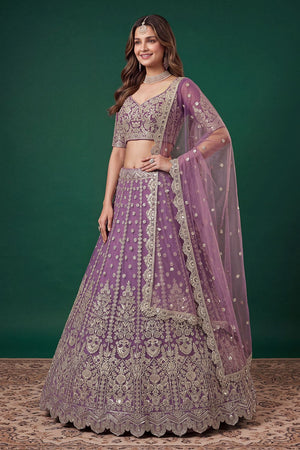 Purple Floral Embroidered Net Lehenga (ACB1301)