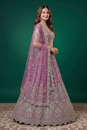 Purple Floral Embroidered Net Lehenga (ACB1301)