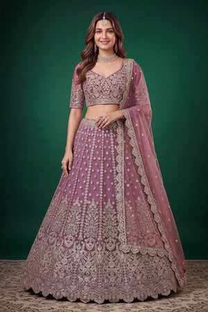 Purple Floral Embroidered Net Lehenga (ACB1301)