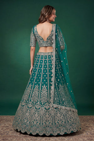 Turquoise Floral Embroidered Net Lehenga (ACB1302)