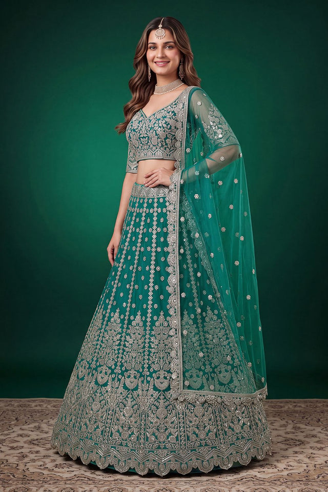 Turquoise Floral Embroidered Net Lehenga (ACB1302)