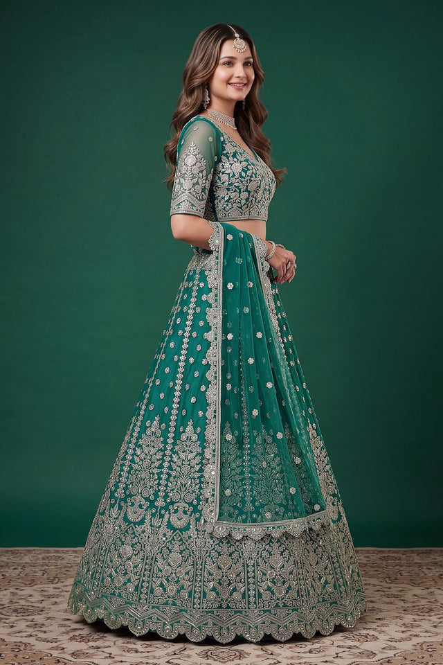 Turquoise Floral Embroidered Net Lehenga (ACB1302)