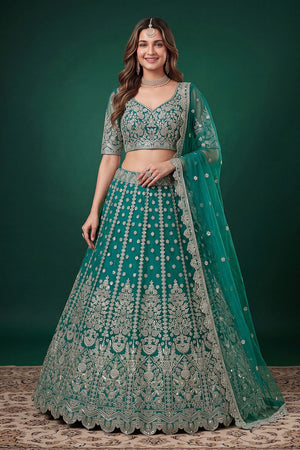 Turquoise Floral Embroidered Net Lehenga (ACB1302)