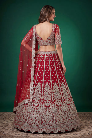 Red Floral Embroidered Net Lehenga (ACB1303)