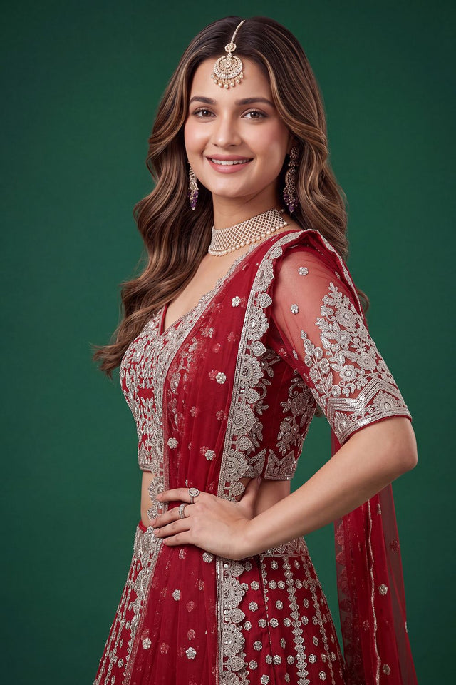 Red Floral Embroidered Net Lehenga (ACB1303)