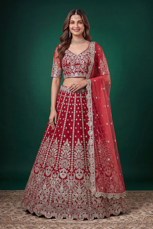 Red Floral Embroidered Net Lehenga (ACB1303)