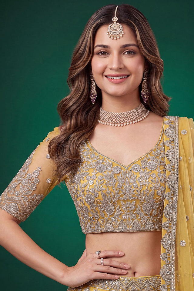 Yellow Floral Embroidered Net Lehenga (ACB1304)