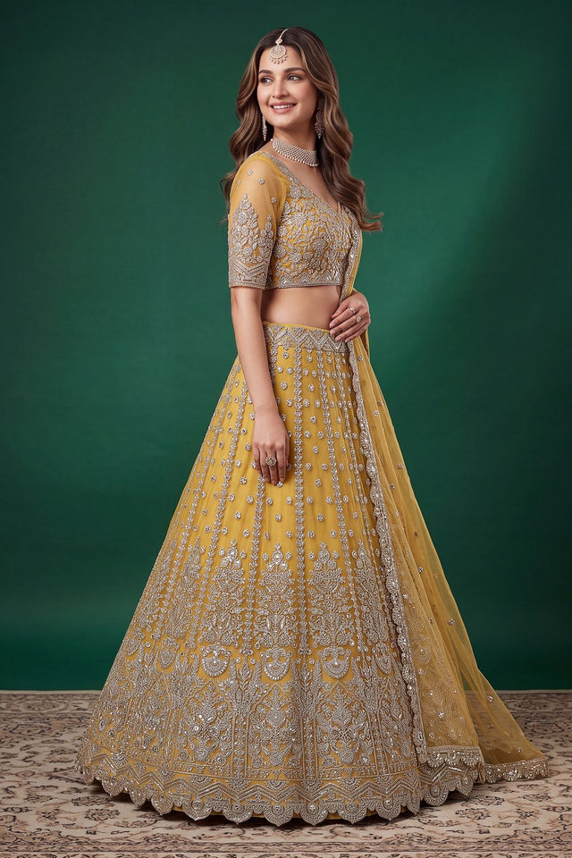 Yellow Floral Embroidered Net Lehenga (ACB1304)