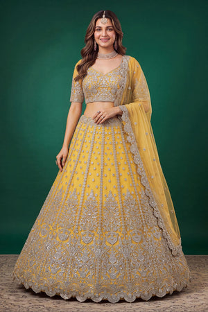 Yellow Floral Embroidered Net Lehenga (ACB1304)