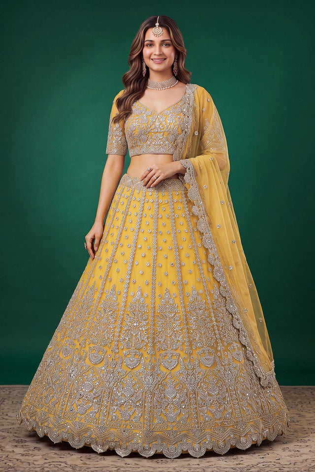 Yellow Floral Embroidered Net Lehenga (ACB1304)