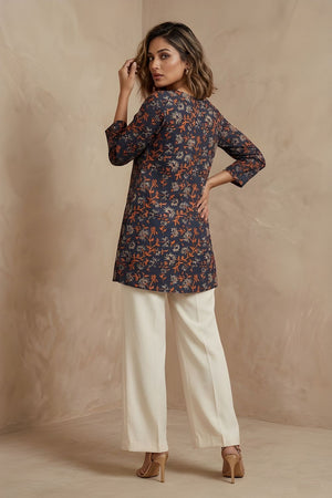 Blue Printed Cotton Blend Short Kurti (ACB1305)