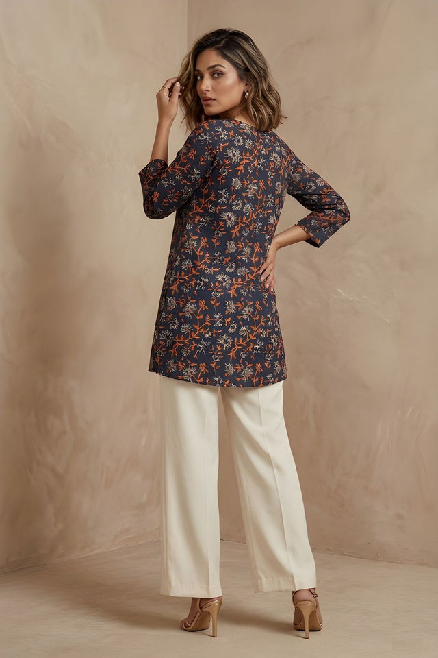 Blue Printed Cotton Blend Short Kurti (ACB1305)