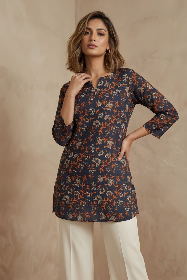 Blue Printed Cotton Blend Short Kurti (ACB1305)