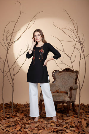 Black Embroidered Rayon Short Kurti (ACB1307)