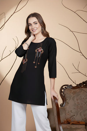 Black Embroidered Rayon Short Kurti (ACB1307)