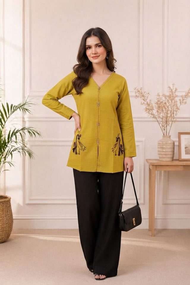 Mustard Embroidered Cotton Silk Top (ACB1309)