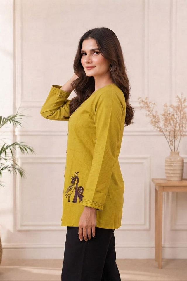 Mustard Embroidered Cotton Silk Top (ACB1309)