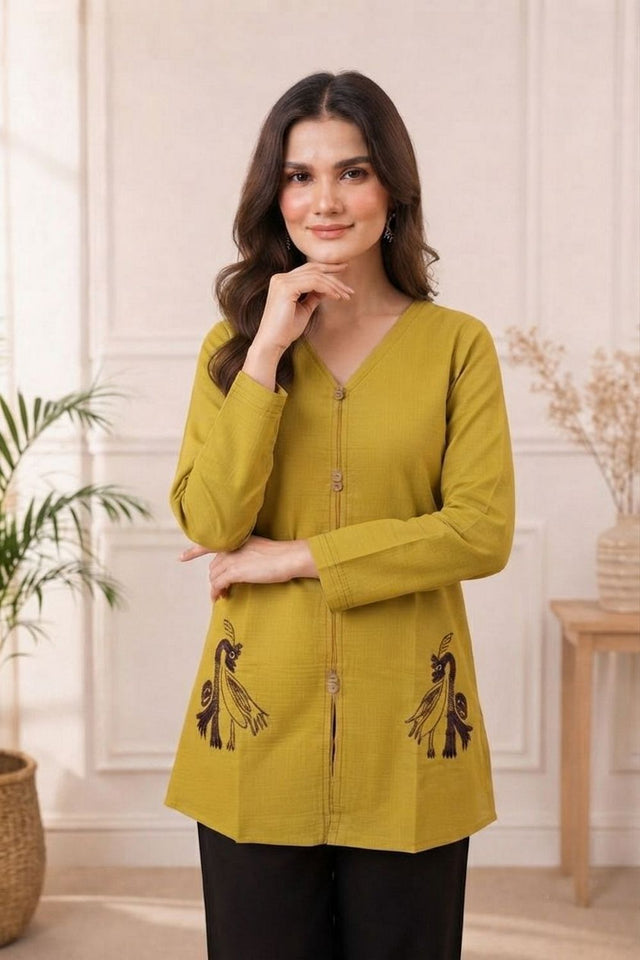 Mustard Embroidered Cotton Silk Top (ACB1309)