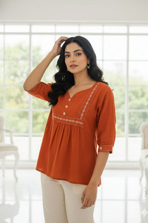 Rust Embroidered Cotton Top (ACB1310)