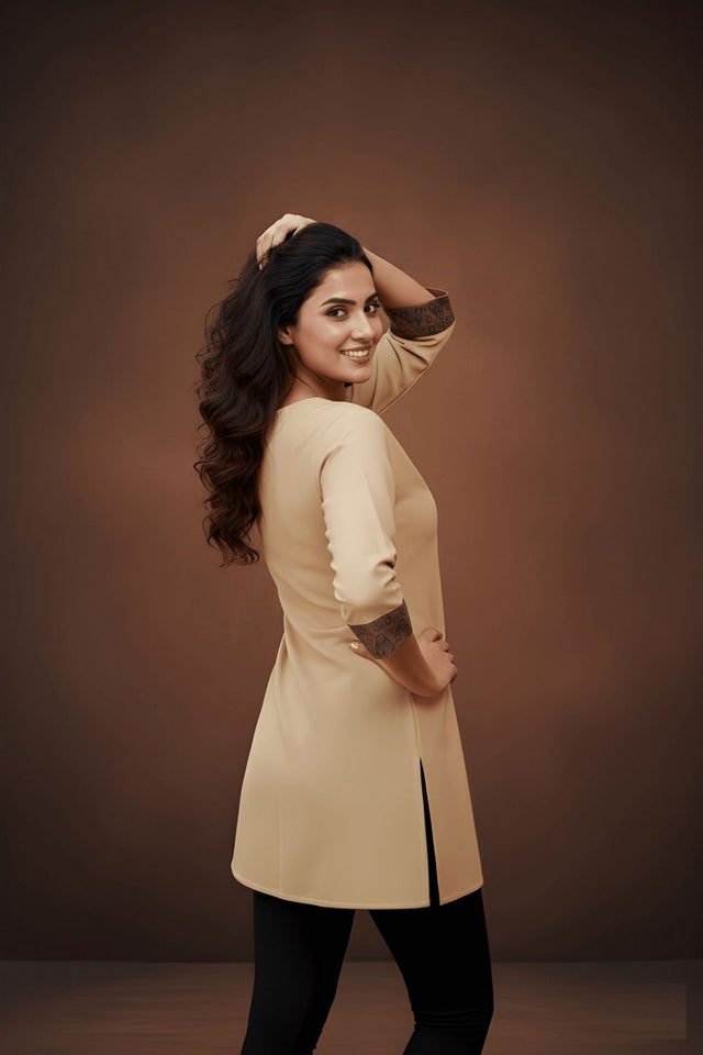 Cream Printed Cotton Short Kurti (ACB1312)
