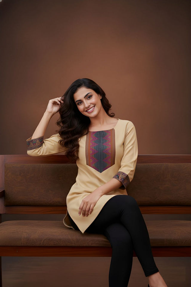 Cream Printed Cotton Short Kurti (ACB1312)