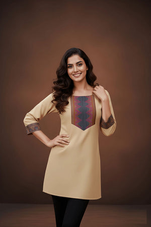 Cream Printed Cotton Short Kurti (ACB1312)
