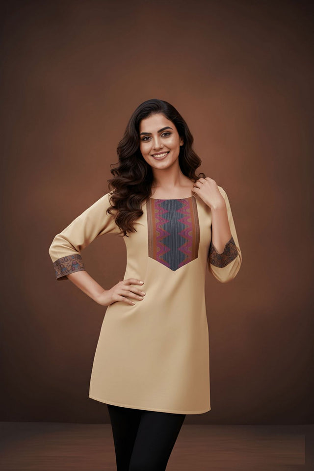 Cream Printed Cotton Short Kurti (ACB1312)