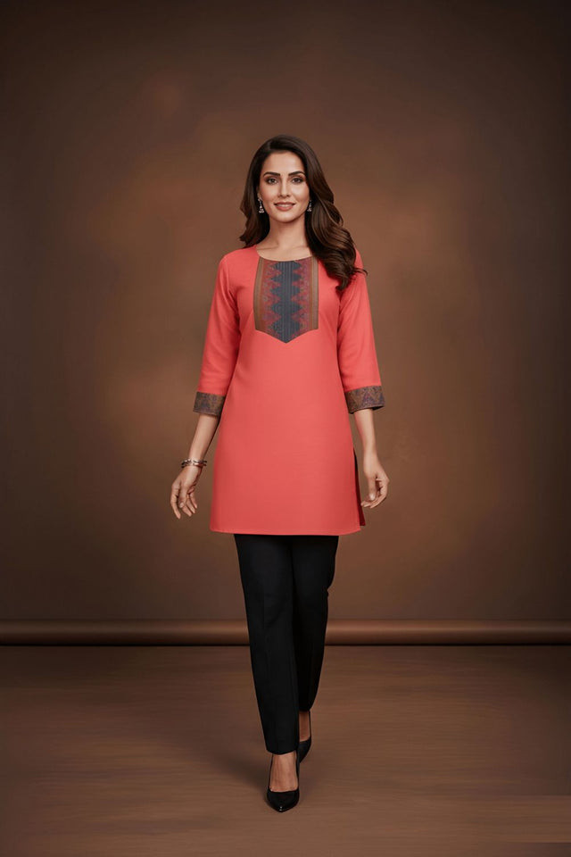 Pink Printed Cotton Short Kurti (ACB1313)