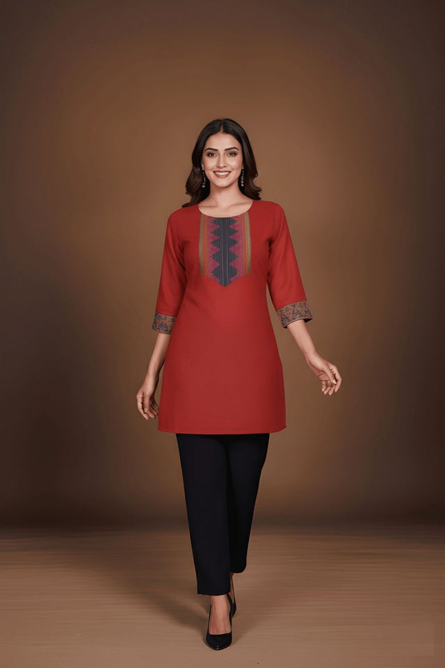 Red Printed Cotton Short Kurti (ACB1314)