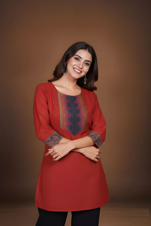 Red Printed Cotton Short Kurti (ACB1314)