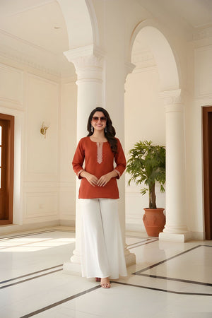 Rust Embroidered Silk Top (ACB1317)