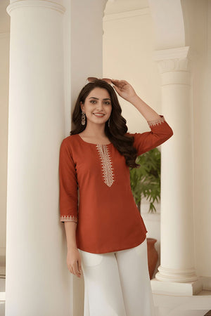 Rust Embroidered Silk Top (ACB1317)