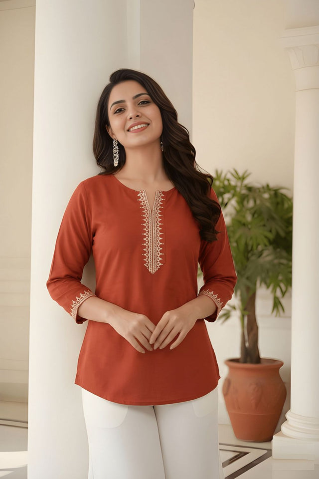 Rust Embroidered Silk Top (ACB1317)