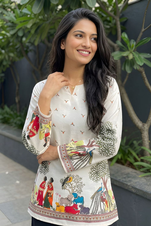Cream Kalamkari Printed Cotton Top (ACB1318)