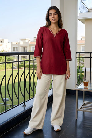 Maroon Embroidered Silk Top (ACB1319)