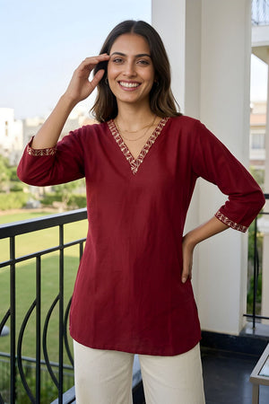 Maroon Embroidered Silk Top (ACB1319)