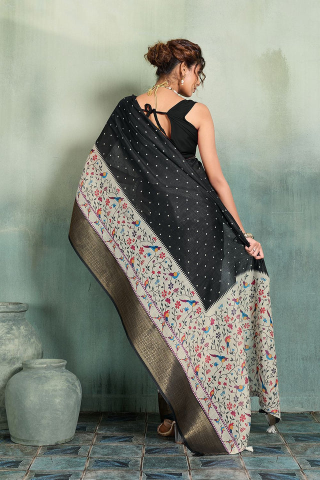 Black Printed with Zari Woven Border Linen Saree (ACB1320)