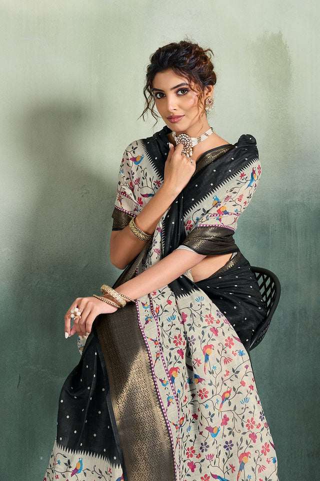 Black Printed with Zari Woven Border Linen Saree (ACB1320)