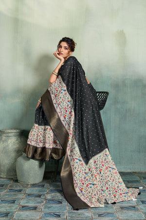 Black Printed with Zari Woven Border Linen Saree (ACB1320)