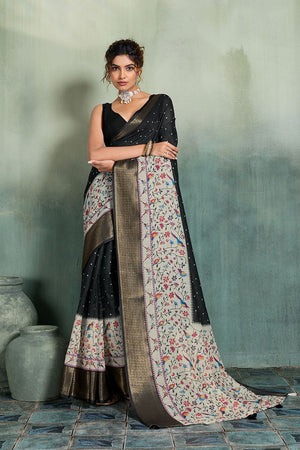 Black Printed with Zari Woven Border Linen Saree (ACB1320)