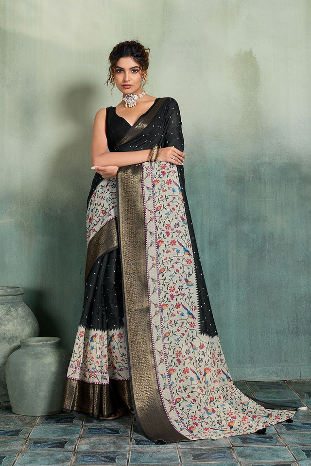 Black Printed with Zari Woven Border Linen Saree (ACB1320)