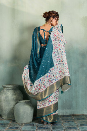Turquoise Printed with Zari Woven Border Linen Saree (ACB1321)