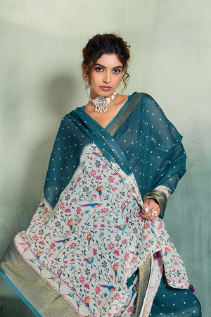 Turquoise Printed with Zari Woven Border Linen Saree (ACB1321)