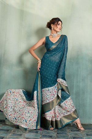 Turquoise Printed with Zari Woven Border Linen Saree (ACB1321)